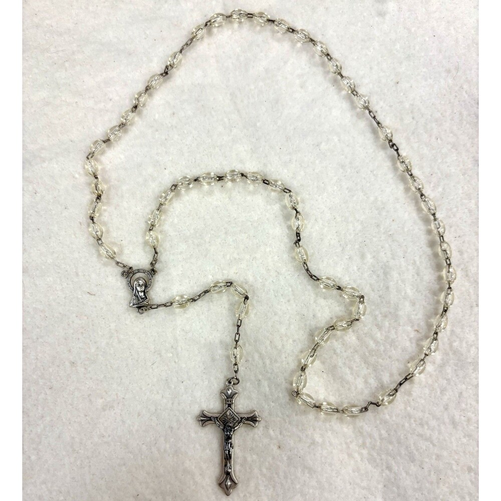 Vintage Italy Catholic Rosary Clear Plastic Beads Mary INRI Crucifix 24” Loop